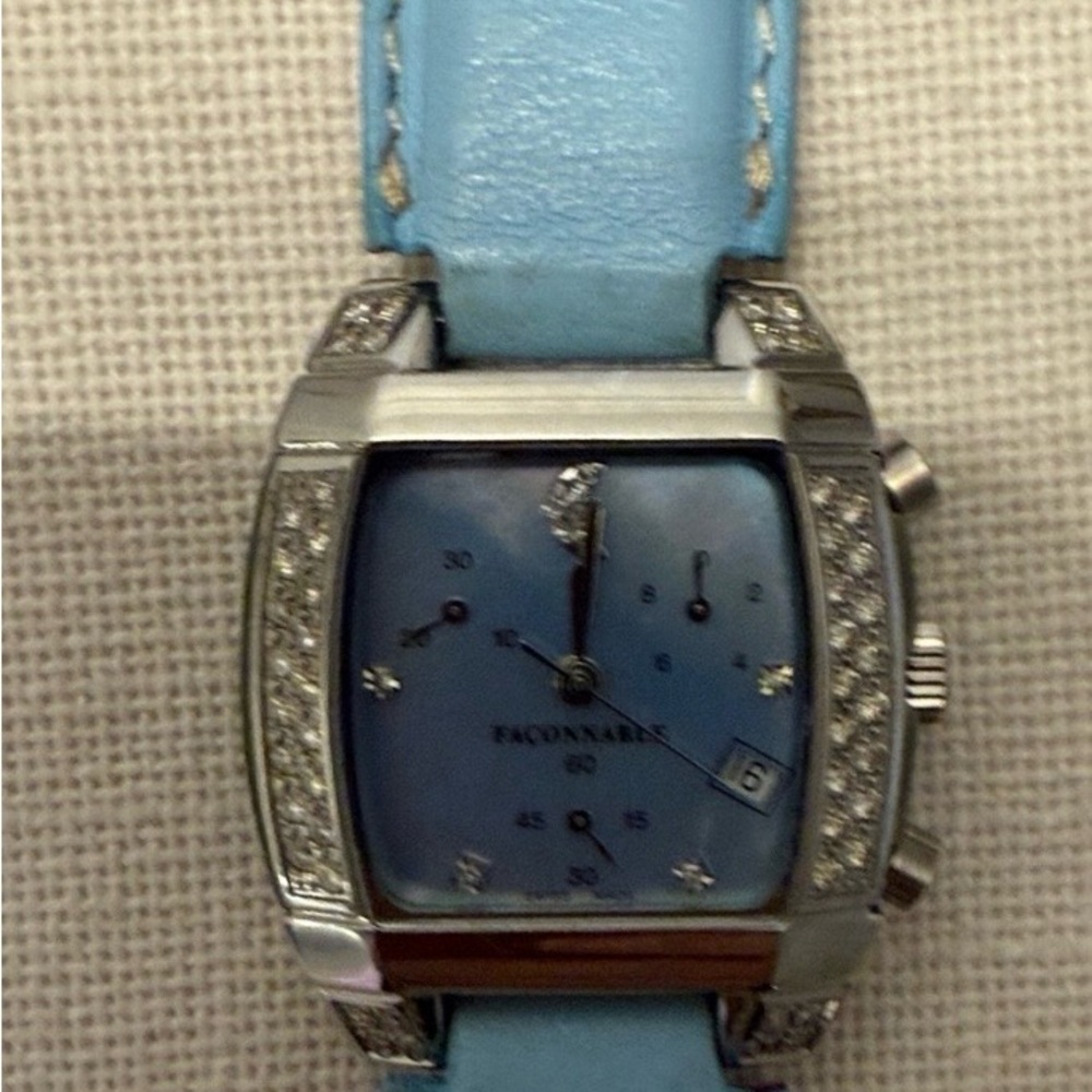 NWT Faconnable Blue and Silver Watch with diamond bezel , never worn